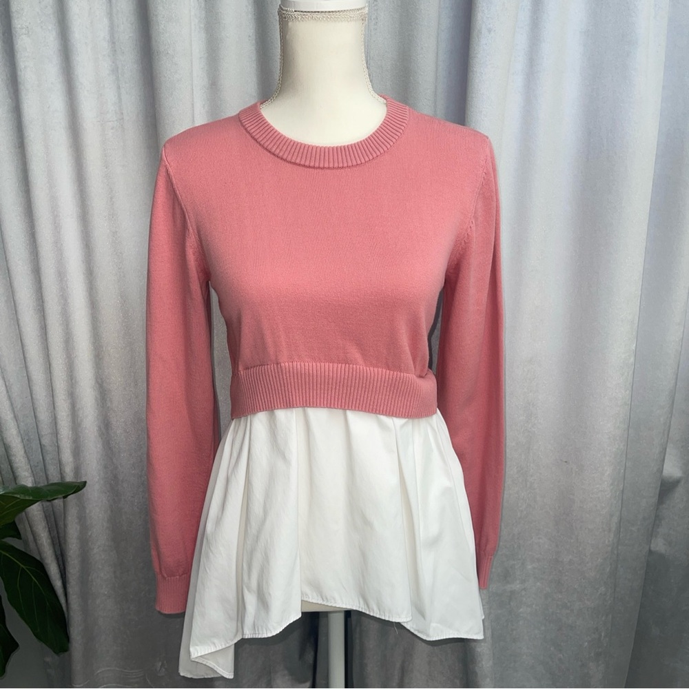 Cato Womens Top-Crew Neck Long Sleeve Tiered-Flare Bottom-Size Small-Pink/White